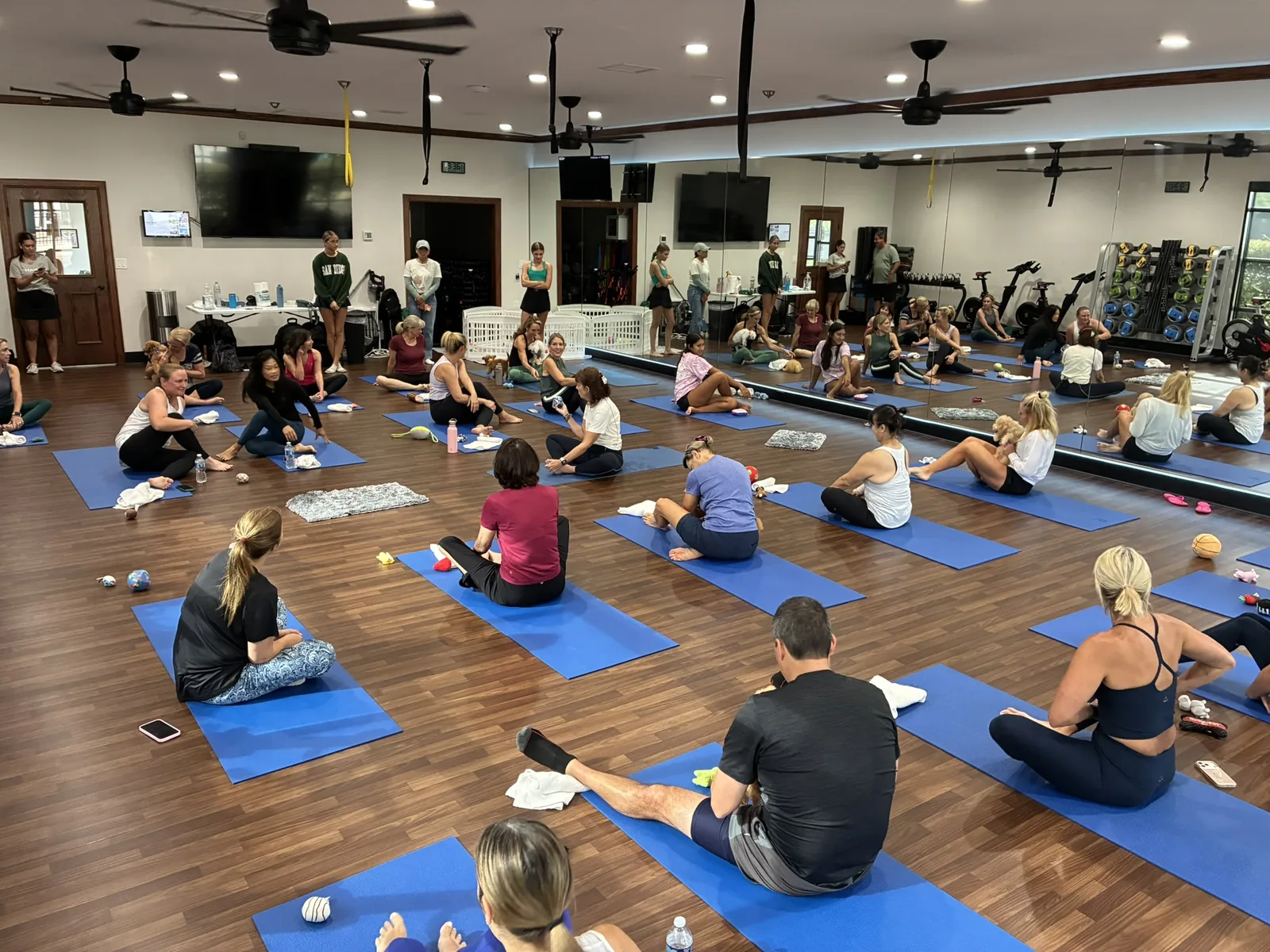 A corporate team mid-class with puppies at a private Houston venue with big windows