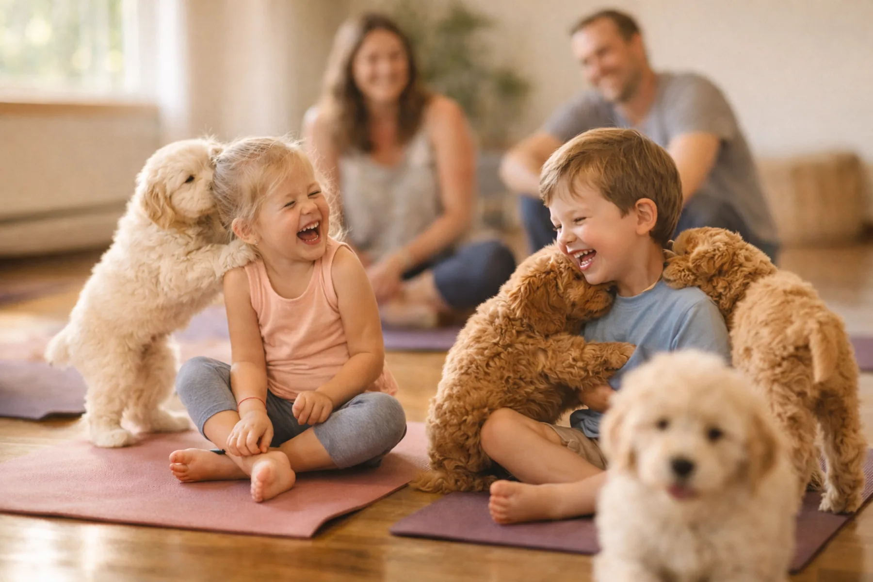 Saturday June 27 puppy yoga session at Pawty Yoga Houston — family-friendly class with playful puppies