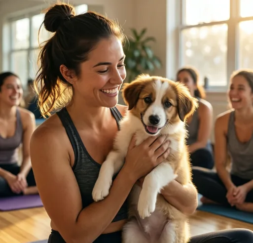 Houston puppy yoga close-up — a fluffy puppy resting on a yoga mat during a Pawty Yoga session
