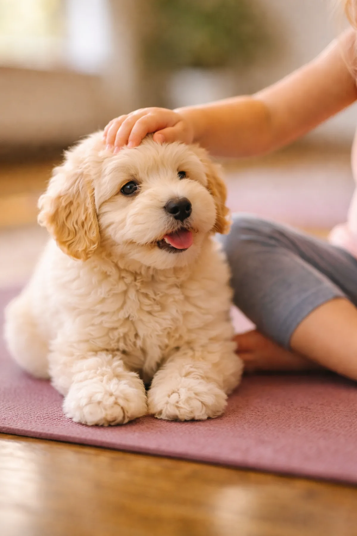 Happy puppy being cradled during a Houston puppy yoga session