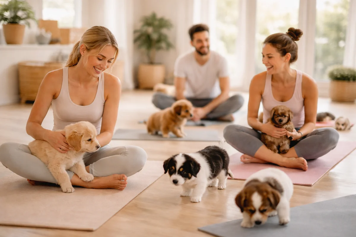 Couple enjoying a puppy yoga date night in Houston - a unique, relaxed date idea with puppies