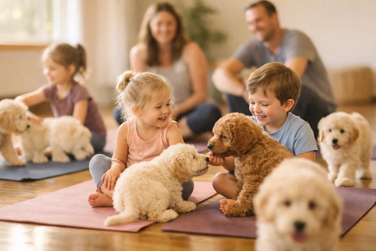 Family with kids and golden doodle puppies at a Houston puppy yoga session - serving Katy, Sugar Land, and Cinco Ranch