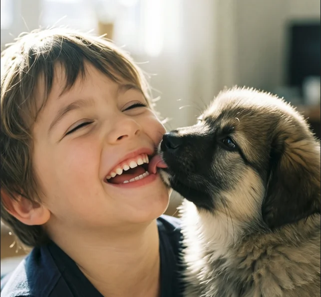 Child laughing as a puppy licks his face - Houston puppy yoga for Pearland families