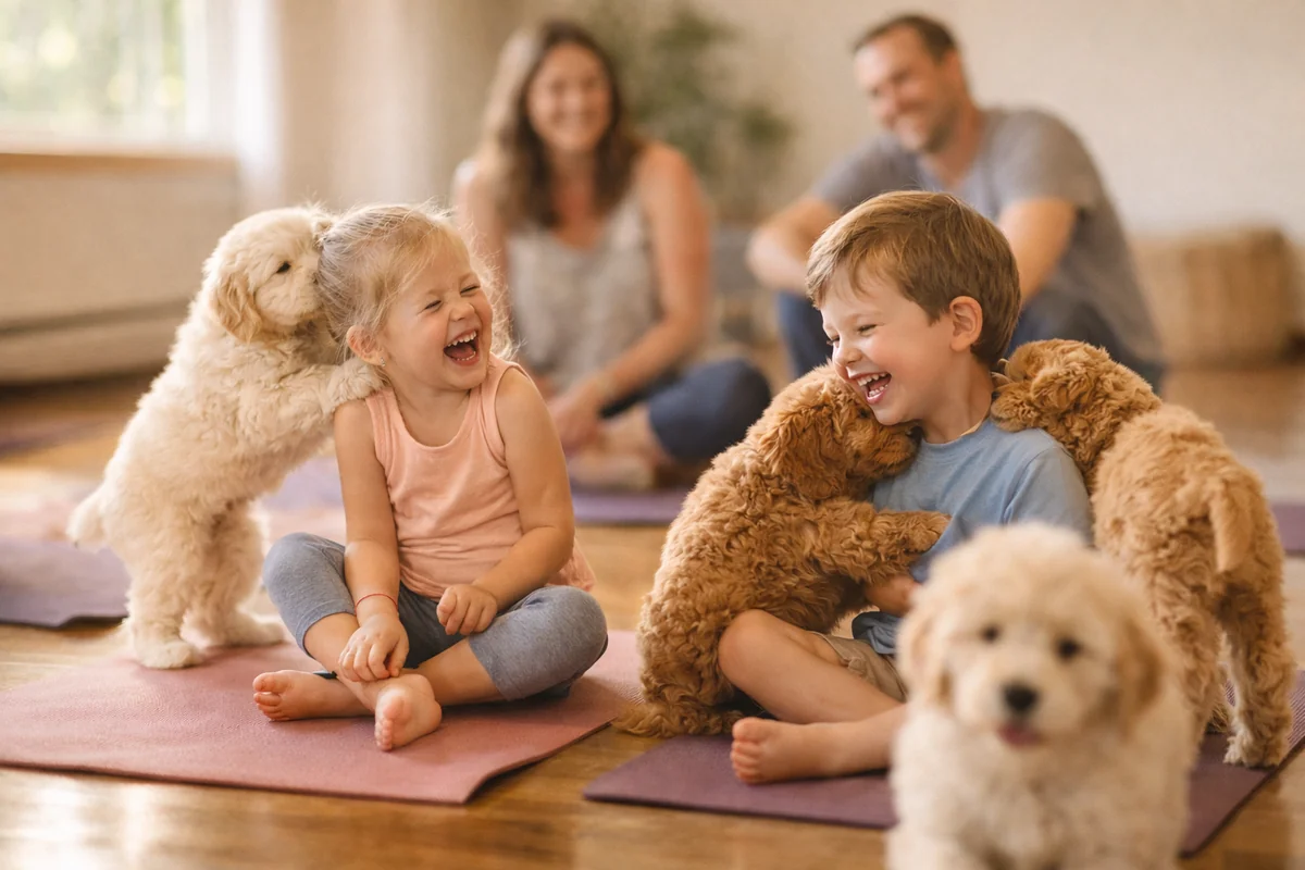 Kids laughing with golden doodle puppies at a Houston puppy yoga session - The Woodlands premium family experience