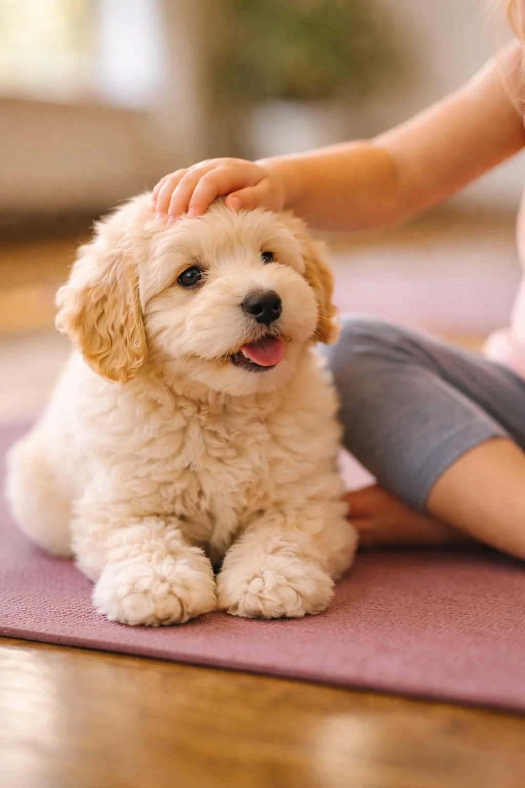 Single fluffy puppy being gently petted on a yoga mat - Houston puppy yoga in Bellaire and West U