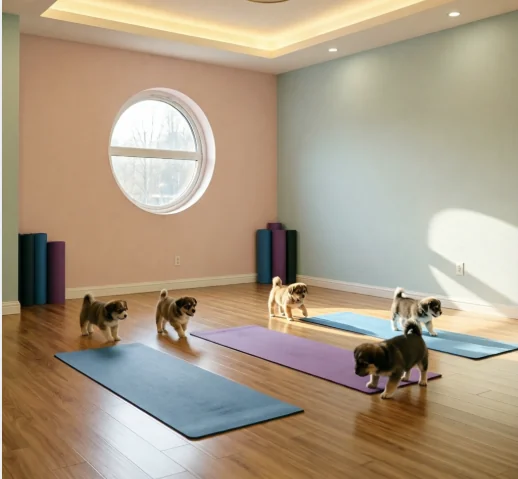 Houston puppy yoga studio with puppies on yoga mats - Spring Branch family-friendly sessions